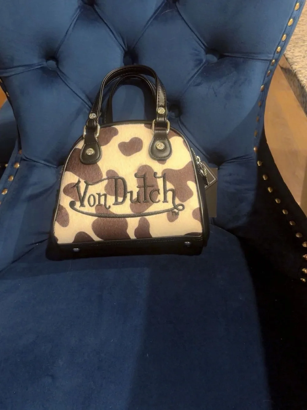 Von Dutch Black & Cream Cow-Print Dome Satchel